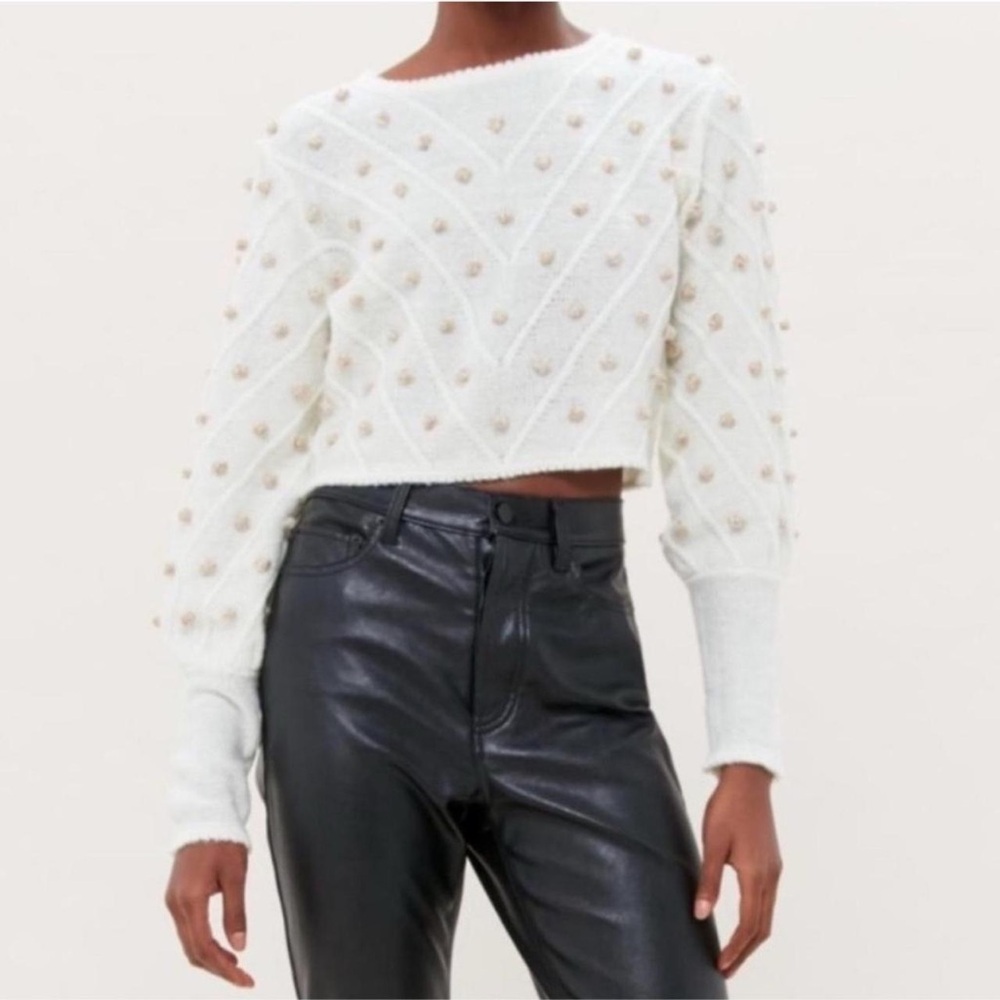 Urban Outfitters Cream Sweater with Gold Pom Poms Cropped